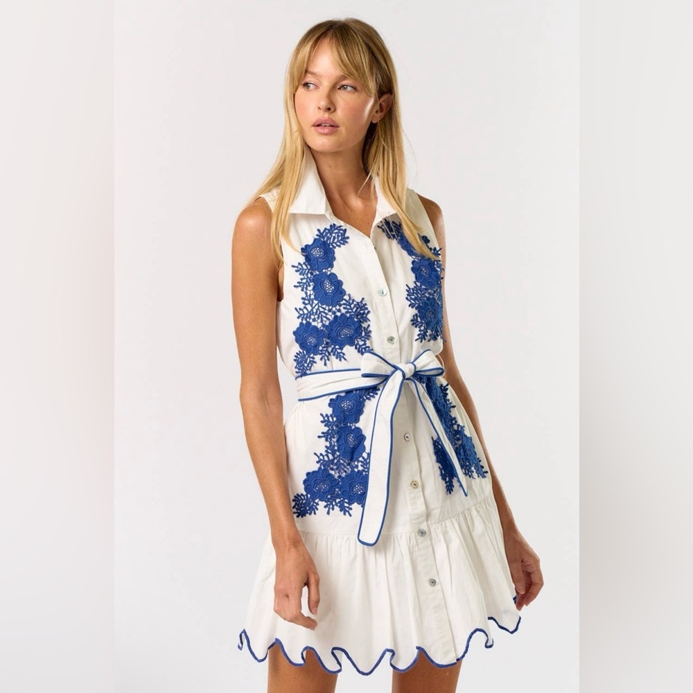 Boutique White Blue Embroidered Cotton Mini Dress | Scalloped Hem